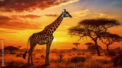 Giraffe in the African savanna against the backdrop of beautiful sunset. Serengeti National Park. Tanzania. Africa. © HN Works