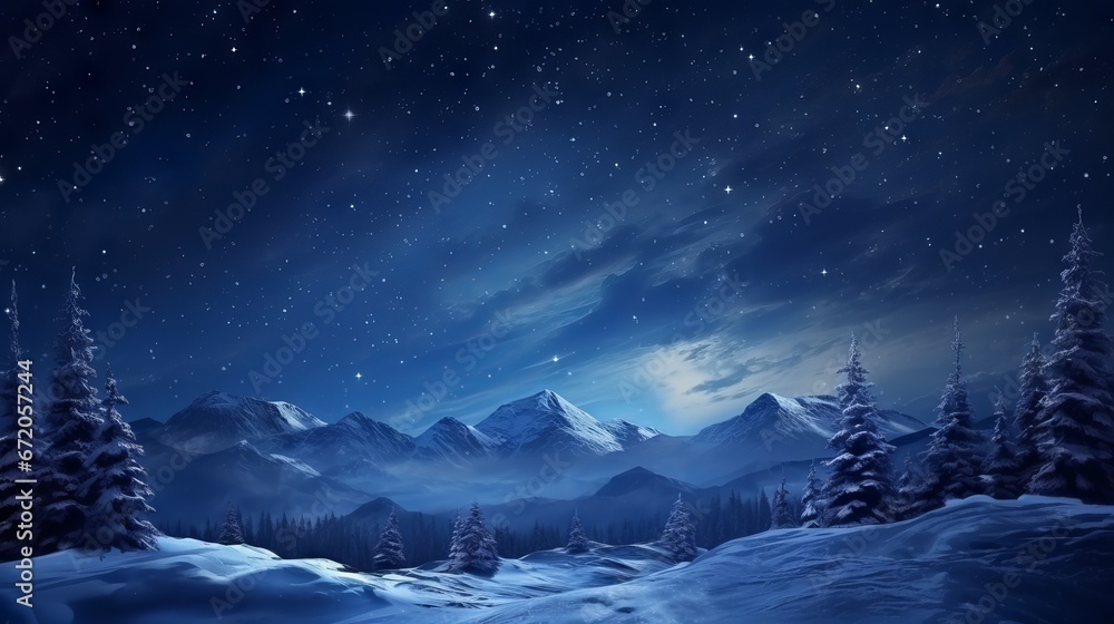 Stunning nighttime view of snowy forest and mountains under starry sky and clouds Stunning nighttime view of snowy forest and mountains under starry sky and clouds