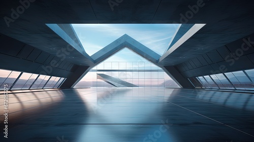 3d render of abstract futuristic glass architecture with empty concrete floor.