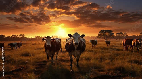 Cattle grazing in a field with the sun rising in the background.