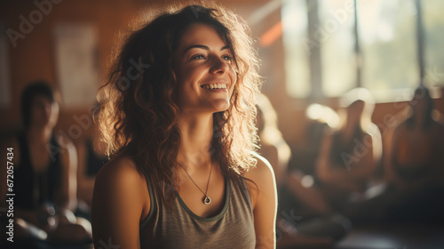 woman smiling in yoga class with people in the background. relax 