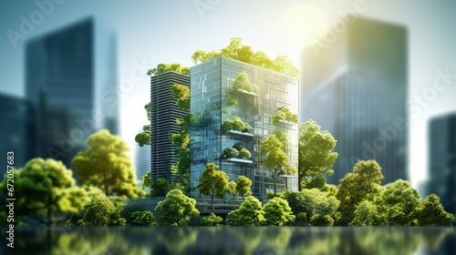 Selective focus on tree and eco friendly building with vertical garden in modern city. Green tree forest on sustainable glass building. Office building with green environment. Go green concept. photo