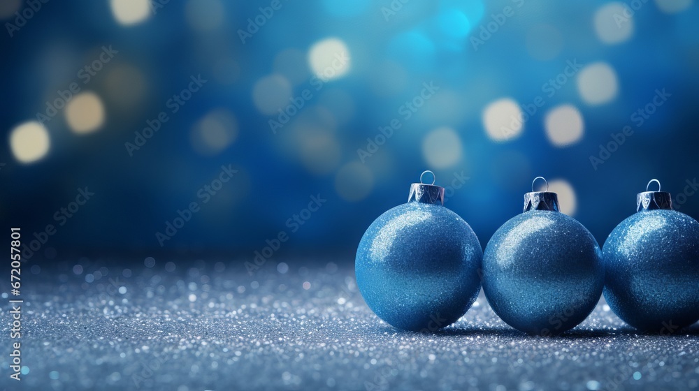 Blue Christmas balls with sparkling decoration on glittering background with copy space Blue Christmas balls with sparkling decoration on glittering background with copy space