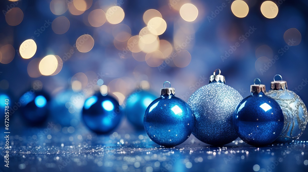 Blue Christmas balls with sparkling decoration on glittering background Blue Christmas balls with sparkling decoration on glittering background