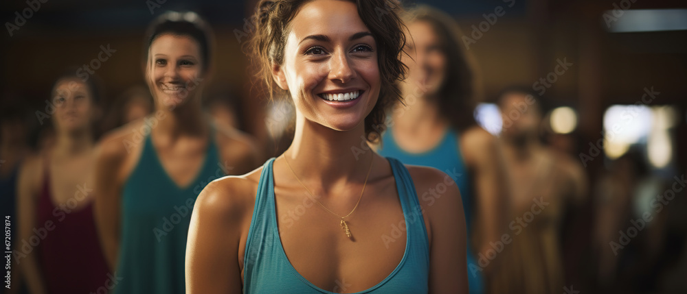 Fototapeta premium woman smiling in yoga class with people in the background. relax 
