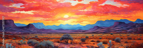 colourful impressionist style painting of the desert landscape, a picturesque environment in harmonious natural colours