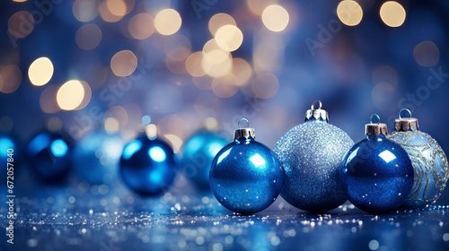 Blue Christmas balls with sparkling decoration on glittering background