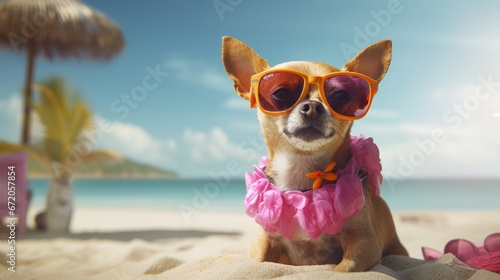 chihuahua dog at the beach having a wellness spa treatment wearing red funny sunglasses © HN Works