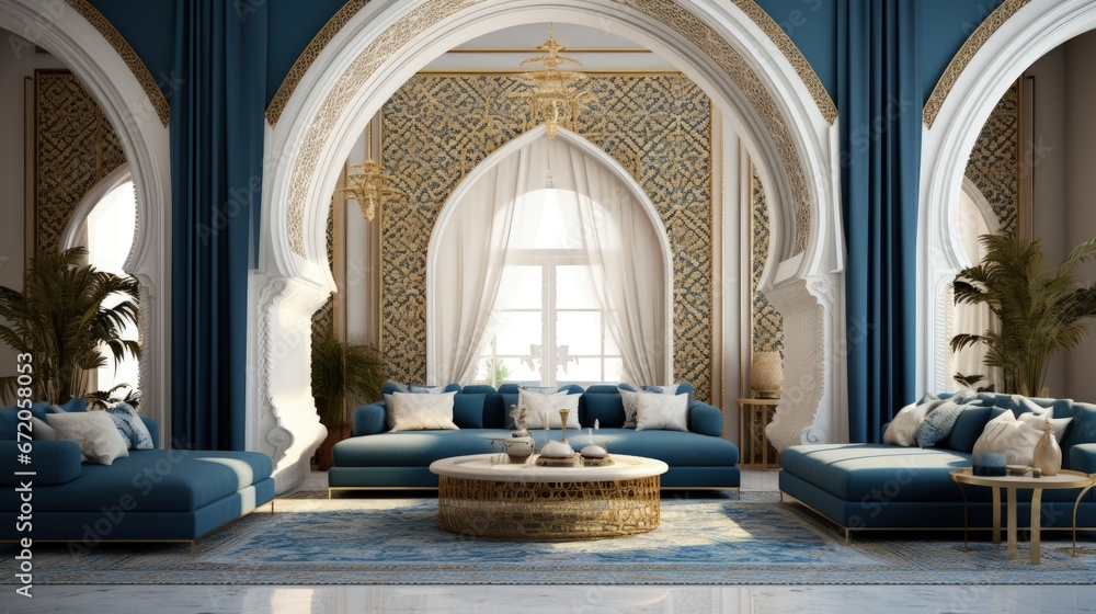 Arabic,Islamic style living room interior design with arch and arabic pattern.3d rendering - obrazy, fototapety, plakaty 