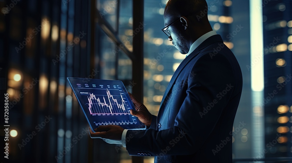 Businessman using tablet analyzing sales data and economic growth graph chart. Business planning and strategy. Analysing trading of exchange. Financial and banking. Technology digital marketing. - obrazy, fototapety, plakaty 