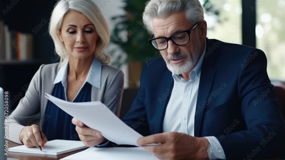 Two business people, a business man and a business woman, engage in a discussion as they read a financial report together. Two business people, a business man and a business woman, engage in a discussion as they read a financial report together.
