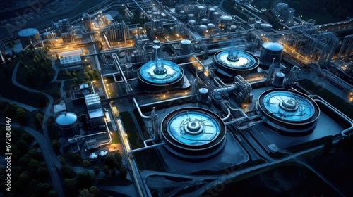 Aerial top view of drinking water treatment plants for big city from water management photo