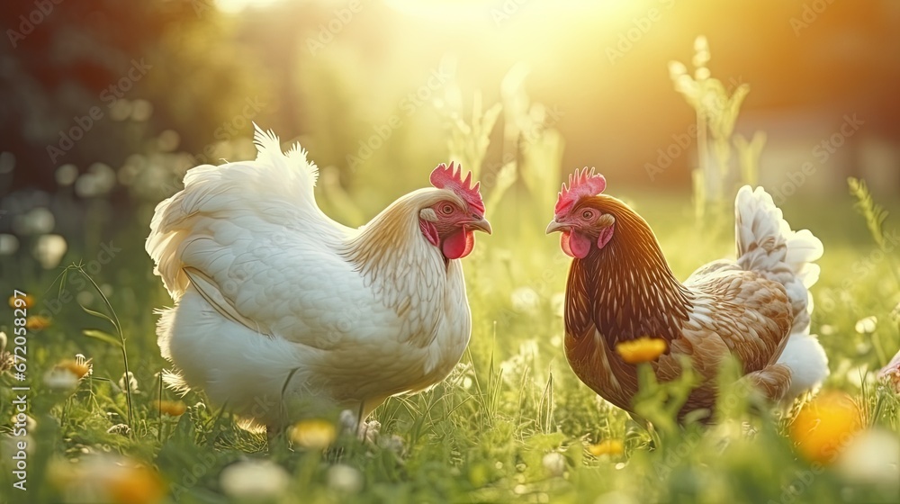 Fototapeta premium Hen and chicken outdoors eating on a green grass in the sun. hen agrarian poultry chick . Organic poultry farm. nature farming. Free range chickens.
