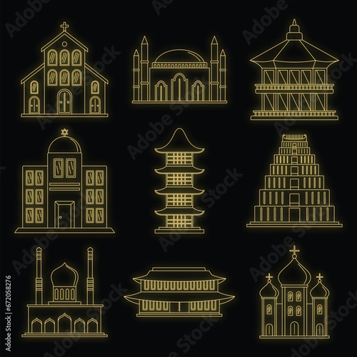 Temple tower castle icons set. Outline illustration of 9 temple tower castle vector icons neon color on black