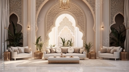 Arabic,Islamic style living room interior design with arch and arabic pattern.3d rendering photo