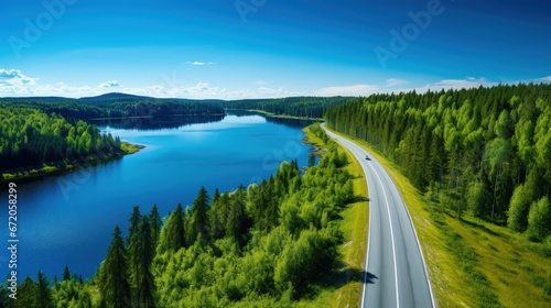 Fototapeta Naklejka Na Ścianę i Meble -  Aerial view of road between green summer forest and blue lake in Finland