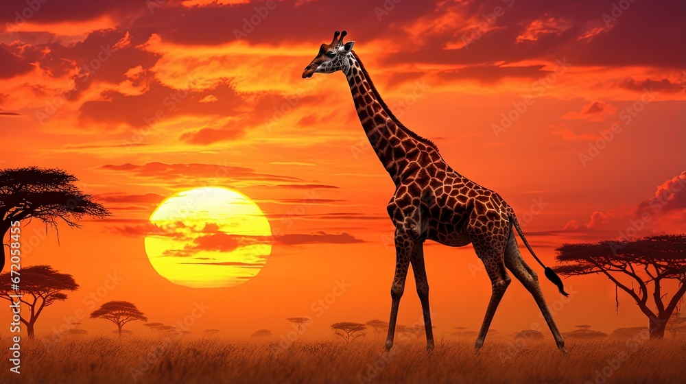 Giraffe in the African savanna against the backdrop of beautiful sunset. Serengeti National Park. Tanzania. Africa.