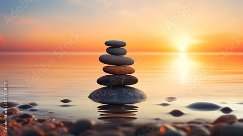 Balanced pebble pyramid silhouette on the beach. Abstract warm sunset bokeh with Sea on the background. Zen stones on the sea beach  meditation  spa  harmony  calmness  balance concept Selective focus