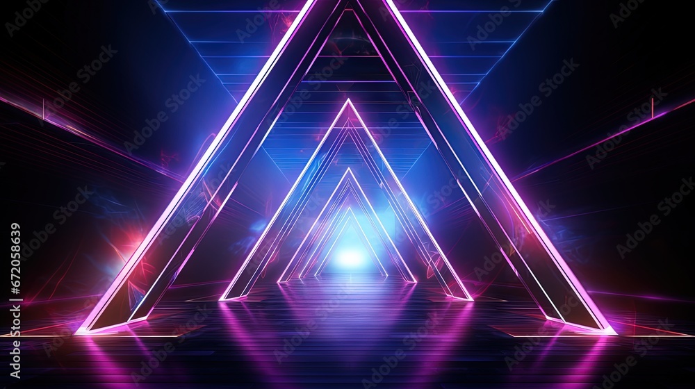 3d render, ultraviolet neon triangular portal, glowing lines, tunnel, corridor, virtual reality, abstract fashion background, violet neon lights, arch, pink blue triangle, spectrum, laser show