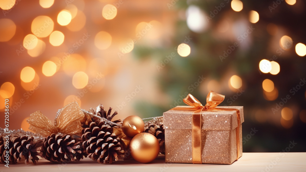 gift boxes and pine on the background of bokeh. christmas and new year background