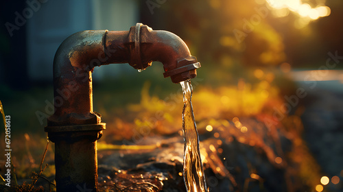 old, rusty, faucet, flowing, water