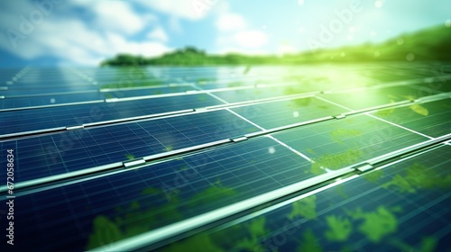 Solar panels with green blurred background