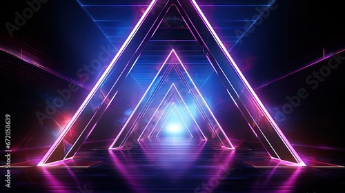 3d render, ultraviolet neon triangular portal, glowing lines, tunnel, corridor, virtual reality, abstract fashion background, violet neon lights, arch, pink blue triangle, spectrum, laser show