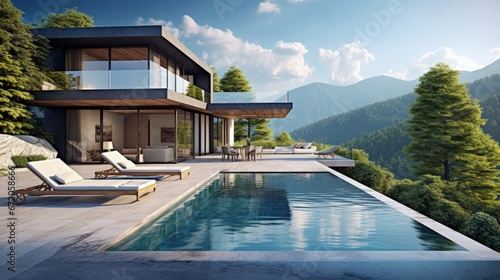 Modern building house with terrace and swimming pool with sun lounger. Beautiful mountains, forest with plants panoramic view. 3d rendering illustration exterior. Contemporary architecture design. © HN Works