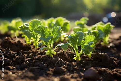 Picture of young kale plants in rich soil 