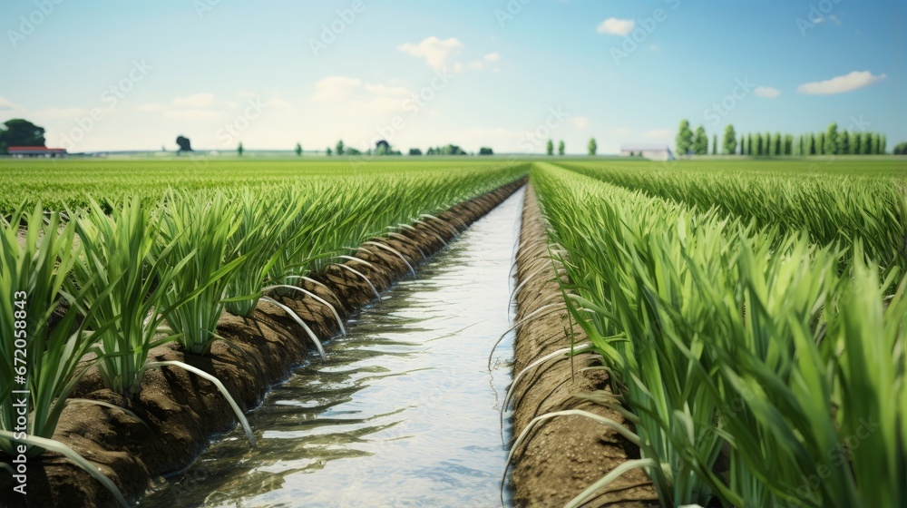 Landscape leek onion plantation and water flows through irrigation canals. Agriculture and agribusiness. Conservation of water resources and reduction pollution. Caring for plants, growing food. - obrazy, fototapety, plakaty 