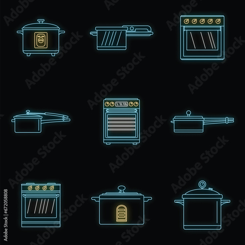 Cooker oven stove pan burner icons set. Outline illustration of 9 cooker oven stove pan burner vector icons neon color on black