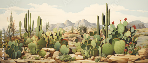 landscape illustration of the desert environment, cacti, desert trees, nature landscape background photo
