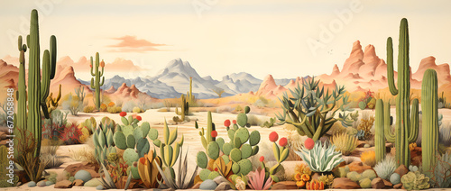 landscape illustration of the desert environment, cacti, desert trees, nature landscape background