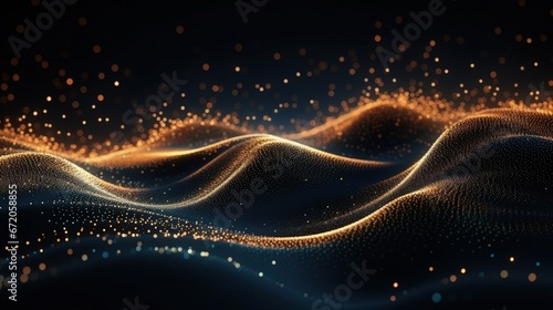 Fototapeta Naklejka Na Ścianę i Meble -  Futuristic digital wave with dots. Dark cyberspace. Abstract music background. Big data visualisation with particle flow. 3d rendering.