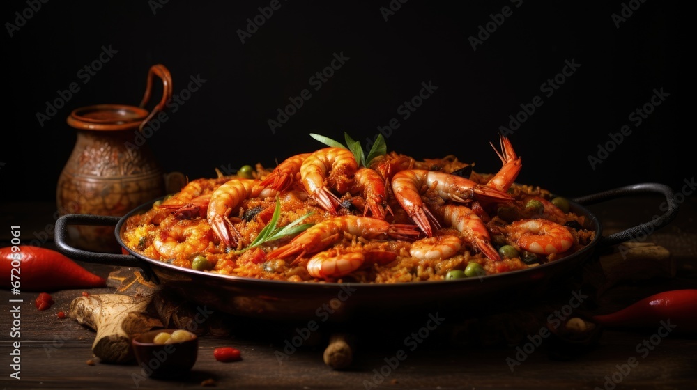 Traditional Spanish paella with red prawns from Ibiza. Typical recipe with seafood from the famous Spanish tapa.