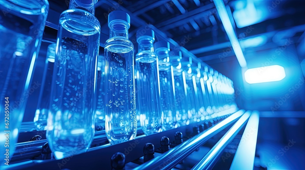 Abstract industrial background in blue color with filling Plastic bottles inside industrial machine conveyor line in water bottling plant Abstract industrial background in blue color with filling Plastic bottles inside industrial machine conveyor line in water bottling plant