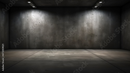 Black background with spotlight to concrete ground in studio. Dark interior background. Room with tile or cement and concrete floor. © HN Works