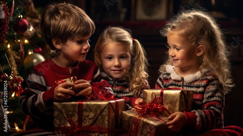 Excited children unwrapping Christmas presents on a joyful holiday morning