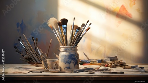 Still life of artist's brushes in sunlit studio with partially completed eagle portrait in background. (original painting by me) Closeup with extremely shallow dof.