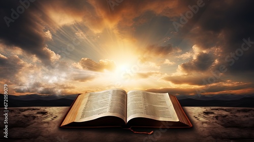 Illuminated cross on a Holy Bible. with a dramatic background sky.