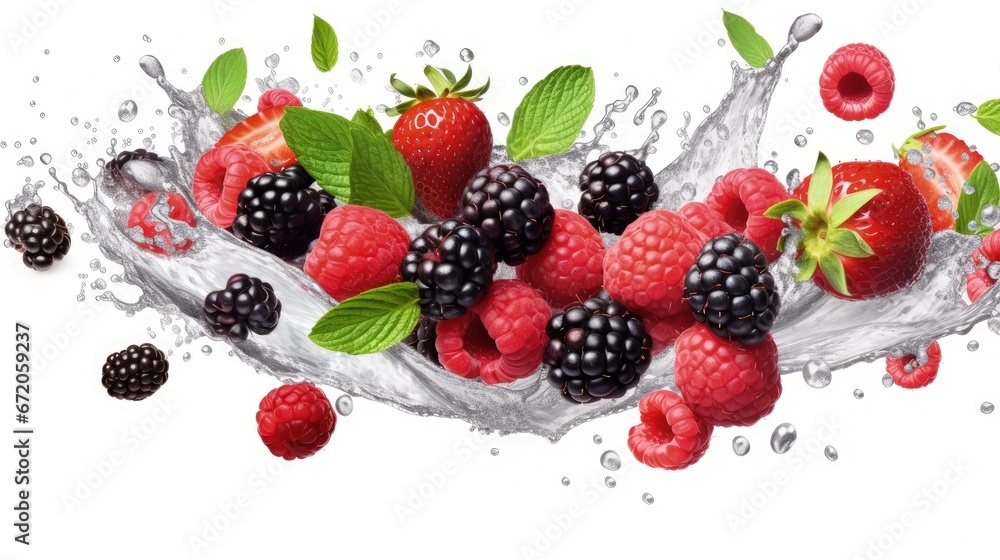 Isolated fresh berries float in the air. Falling blackberry, raspberry, blueberry, strawberry fruits and mint leaves isolated on white background with clipping path Isolated fresh berries float in the air. Falling blackberry, raspberry, blueberry, strawberry fruits and mint leaves isolated on white background with clipping path
