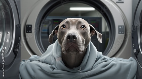 Gray (grey) hoodie sweater dog back closeup put clothes to washing machine. Funny smart pet using Laundry and dry cleaning service. On the back you can place your brand logo image or ad text