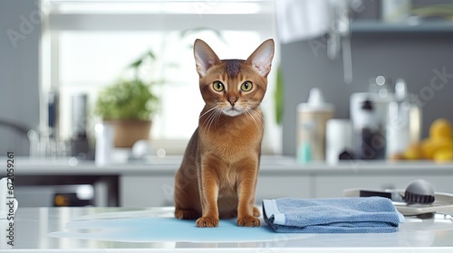 Abyssinian cat at home. Close up portrait of blue abyssinian cat, sitting on a work table grooming, cleaning itself. Pretty cat, white background. Kitty washing himself, home interior, selective focus