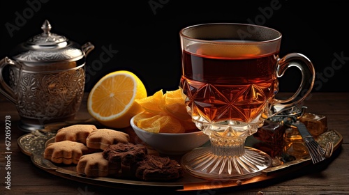 Tasty Turkish tea in glass cup with sweets on table