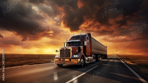 Big truck overtaking a small truck on a road in a rural landscape at sunset with dramatic clouds