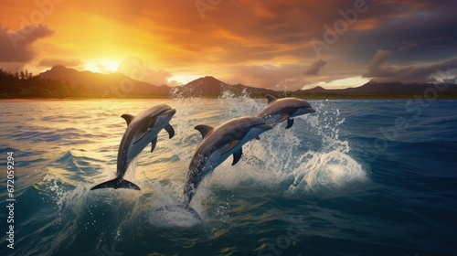Four beautiful dolphins jumping over breaking waves. Hawaii Pacific Ocean wildlife scenery. Marine animals in natural habitat. © HN Works