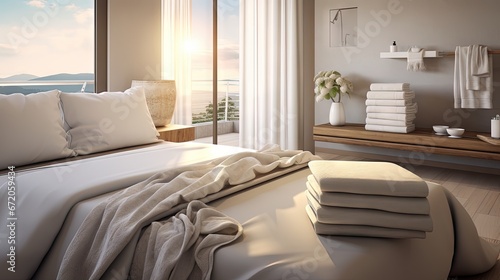 European luxury apartment or business hotel room with bed, comfortable pillows, and rolled-up towels, prepared to greet and welcome guests
