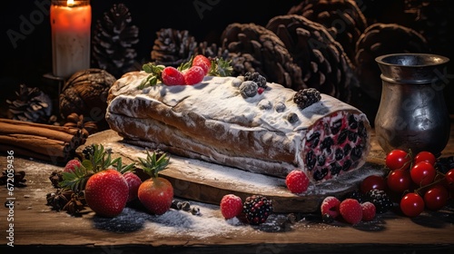 Delicious Christmas yule log cake with chocolate frosting and red berries on a wooden table