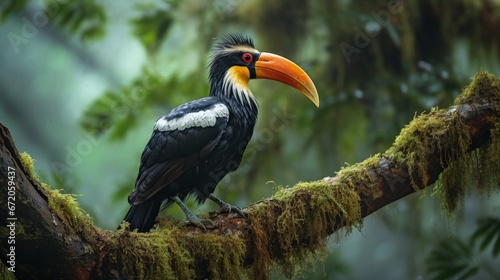 A beautiful adult male Rufous-necked hornbill (Aceros nipalensis) perched on a tree branch in a forest at Mahananda Wildlife Sanctuary, Latpanchar, Darjeeling, West Bengal, India