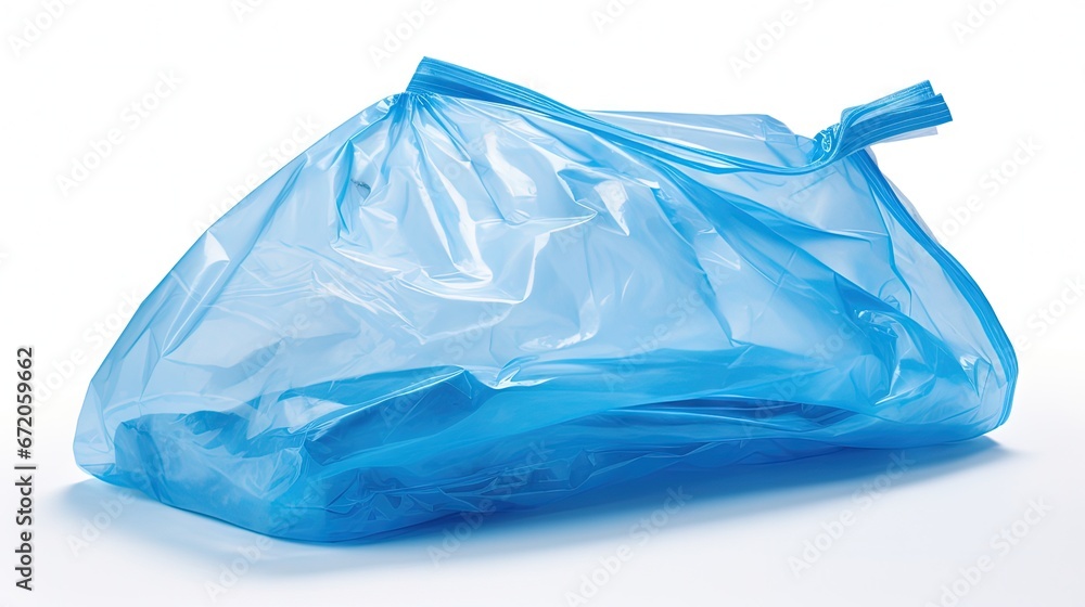 it is one open wrinkled blue plastic bag isolated on white.